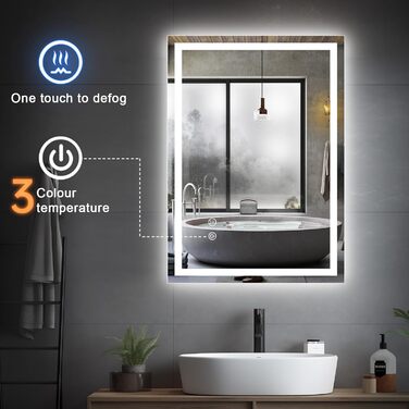Дзеркало для ванної кімнати Youyijia з підсвічуванням, 70x50 см, антизапарник, сенсорний вимикач, 3 кольори світла, регулювання яскравості