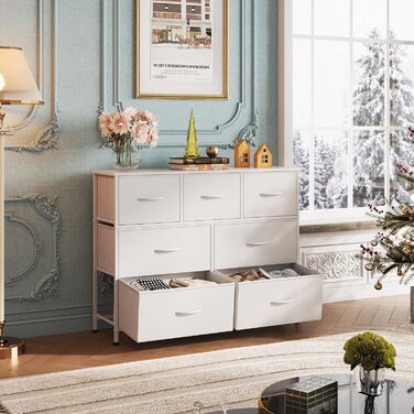 Комод WLIVE з 7 висувними ящиками з тканини, шафа-комод для спальні, комод у вітальню, зі стабільним сталевим каркасом, білий, 7 ящиків, білий