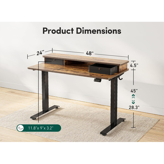 FEZIBO Регульований за висотою електричний стоячий стіл з подвійним ящиком, 120 x 60 см, офісний стіл для дому, стіл-трансформер, комп'ютерний стіл, коричневий 120 × 60 см, коричневий