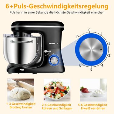 Кухонна машина AUMATE 1400W, 8 л, з міксером, гаком для тіста та вінчиком, 6 швидкостей, чорний колір