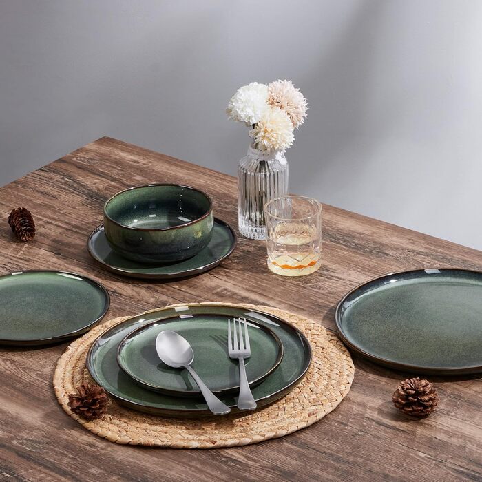 Набір посуду Joyfair на 6 осіб (18 предметів), кераміка, темно-зелений, для мікрохвильовки та посудомийної машини. Елегантний гладкий дизайн.