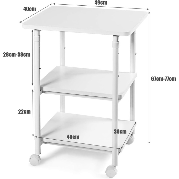 Підставка для принтера на колесах COSTWAY, регульована по висоті, 3 яруси, 49x40x67-77 см, біла