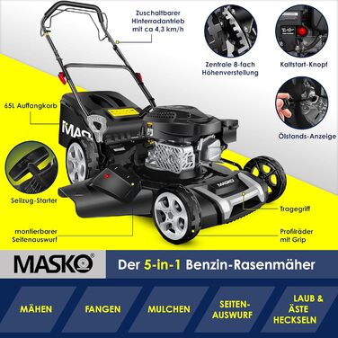 Бензиновий газонокосарка MASKO® 5in1 | Ширина косіння 51 см | 8 положень висоти косіння | 4-тактний OHV двигун 6.0 PS | 65 л травозбірник | Включно з набором для мульчування, бічний викид | Чорний/Сірий