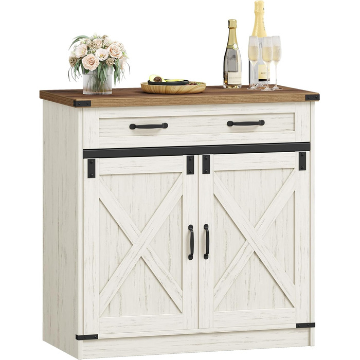 Кухонна шафка Hzuaneri з шухлядою, шафа для зберігання з 2 дверцятами, регульовані полиці, стиль кантрі, для кухні/вітальні, вінтажний коричнево-білий SC94814X (40x80x80 см)