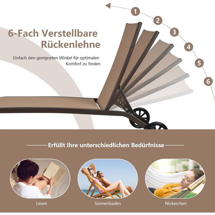 Шезлонг для саду та відпочинку COSTWAY з регульованою спинкою та тканиною, що швидко сохне, коричневий, до 150 кг