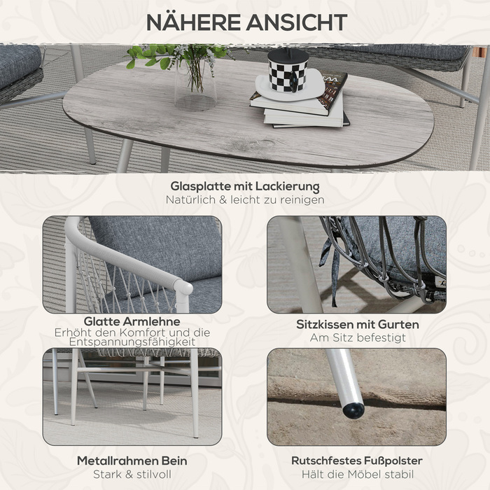 Комплект садово-патіо меблів, 4 місця, з функцією гойдання, з подушками для сидіння, з ротангу, металевий каркас, сірий