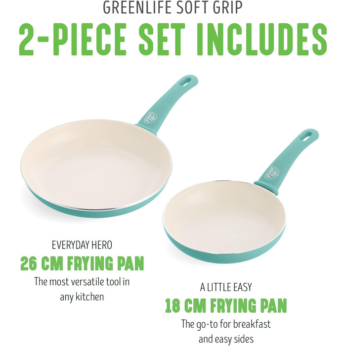 Здорове антипригарне керамічне покриття GreenLife Soft Grip, набір сковорідок із 2 частин 18 см і 26 см, без PFAS, можна мити в посудомийній машині, духовки, бірюзовий набір сковорідок 18 см і 26 см бірюзовий