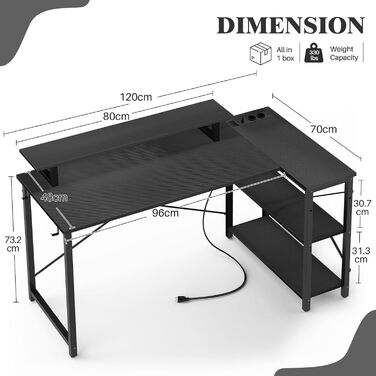 Кутовий ігровий стіл з LED-підсвічуванням та розетками, комп'ютерний стіл з полицями, обертовий кутовий стіл з підставкою для монітора, 120 x 70 см, ДСП, колір: сіра береза (карбон, чорний)