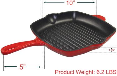 Сковорода-гриль квадратна La Cuisine 25 см з емальованого чавуну, червона емаль зовні, чорна емаль всередині