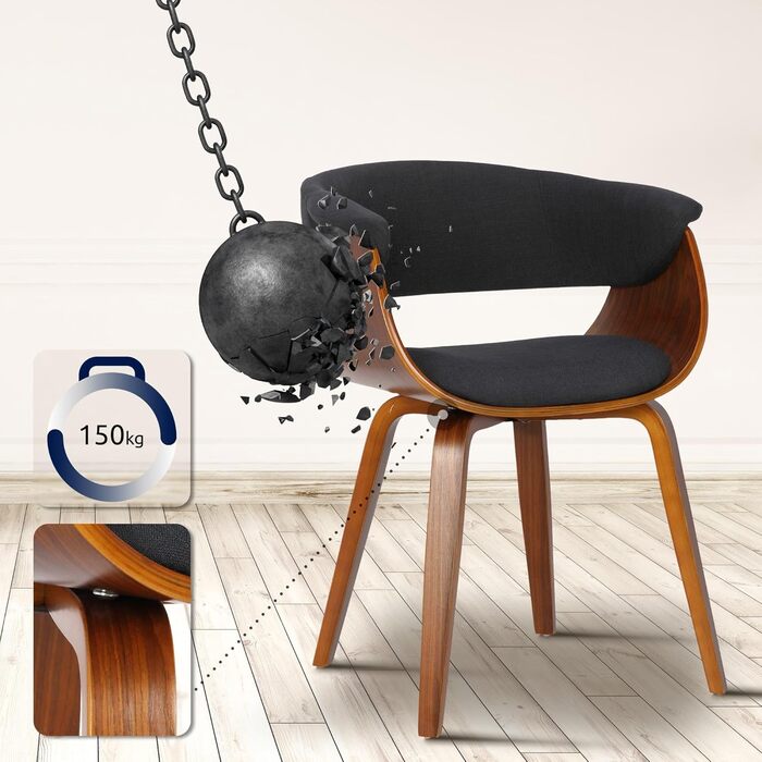 Стільці для їдальні CLP Bruce з тканинним покриттям, дерев'яним каркасом, чорного кольору для їдальні або кухні | Крісло витримує до 150 кг, колір: каркас - горіх, тканина - чорний