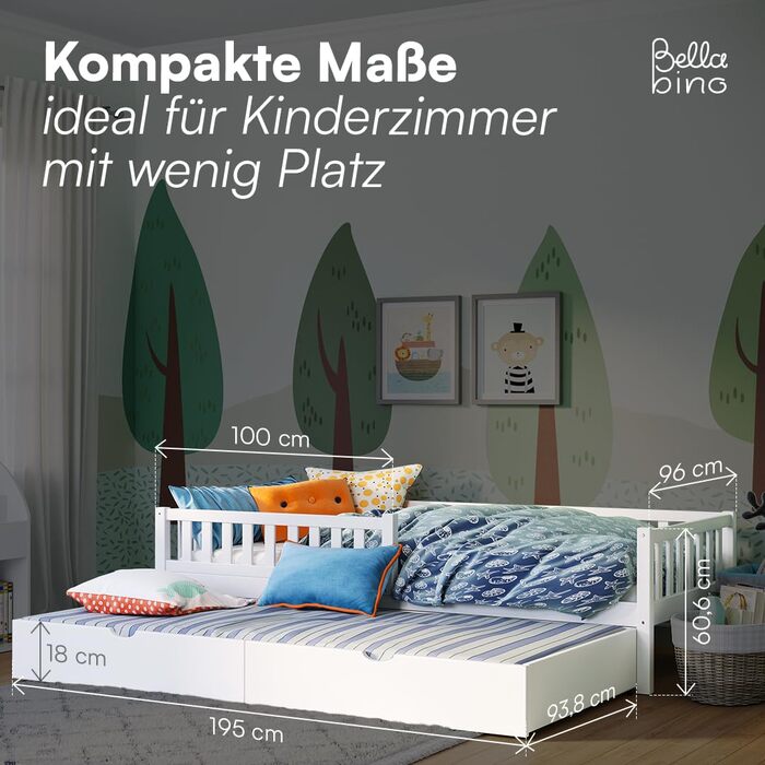 Ліжко дитяче Bellabino Vils 90x200 см – ліжко для малюків з бортиками, ламелі, Монтессорі, з масиву сосни, біле, для хлопчиків та дівчаток, з місцем для зберігання, з гостьовим ліжком, з матрацом