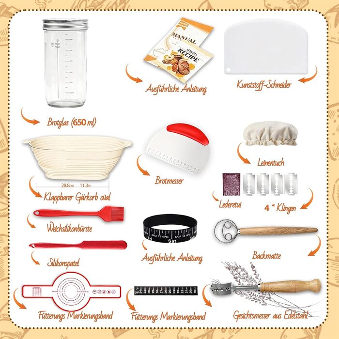 Набір для приготування закваски Daity: 12 предметів для випікання хліба, з підігрівачем, овальний гніт для підйому тіста 28см з силікону, для початківців та професіоналів