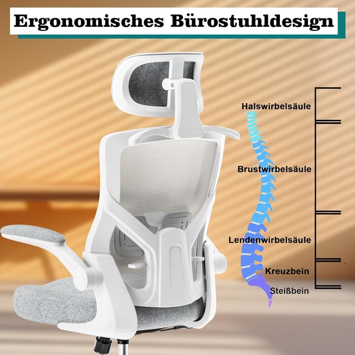 Ергономічне крісло для офісу з регульованою підголівником та поперековою підтримкою – високе офісне крісло з сітчастою спинкою та м'яким сидінням, вішалка для одягу та функцією блокування (білий та сірий)