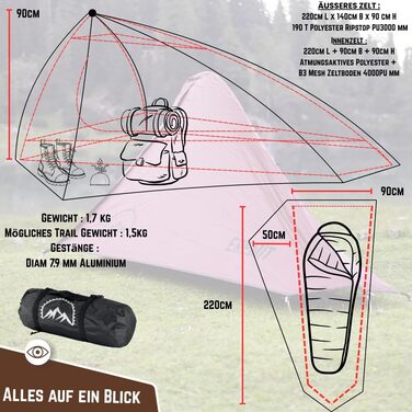 Намет GOALPINE Eremit для 1-2 осіб, водонепроникний 4000 мм, ультралегкий, 3-4 сезони, для туризму, гірських походів та велотуризму (коричневий)