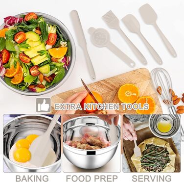 Набір міксерів E-far з кришками, 21 предмет: нержавіюча сталь, 3 насадки-тертки, розміри 7, 4.6, 3.5, 2.6, 2, 1.5, 1QT, вкладна конструкція, повітріодкі кришки хакі, для випічки/приготування