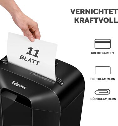 Fellowes Шредер для паперу LX70 (11 листів) з частинковим різанням, 18л кошик, захист від несанкціонованого доступу, чорний