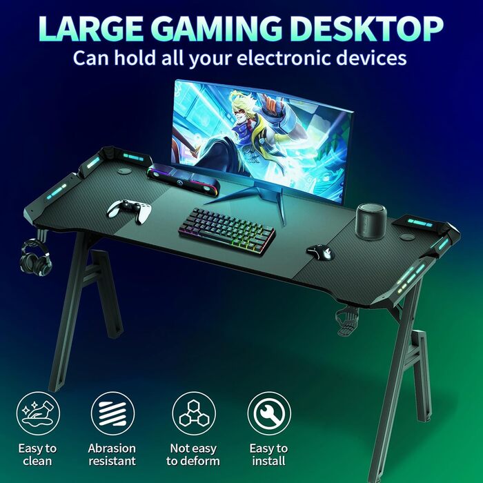 Ігровий стіл 120x60 см, A-Frame, з тримачем для напоїв та гачком для навушників, карбонове покриття, стабільний, ергономічний для дому та офісу, з LED підсвічуванням (140x60 см)