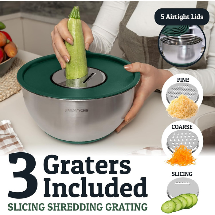 Набір міксерів PriorityChef з нержавіючої сталі з кришками, 3 тертки, герметичні кришки, силіконова основа, набір для кухні, великі миски для приготування їжі, зелений