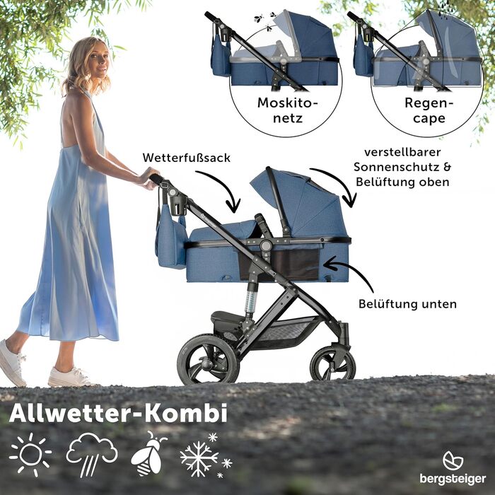 Дитяча коляска Bergsteiger Nizza 3 в 1 (комбінована), автокрісло, люлька, прогулянковий блок (синій/чорний)