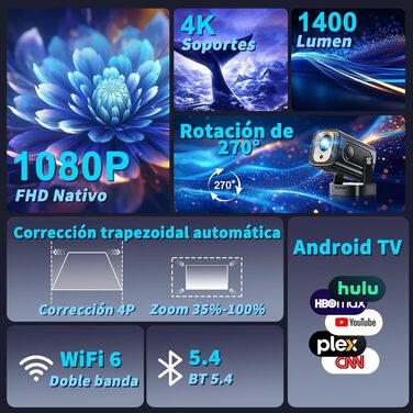 Beamer 4K: Міні проєктор Full HD 1080P з Wi-Fi 6, Bluetooth 5.2 та Android. Поворотний на 270°, з автокорекцією Keystone, для PC/HDMI/USB. В комплекті миша та пульт, білий.