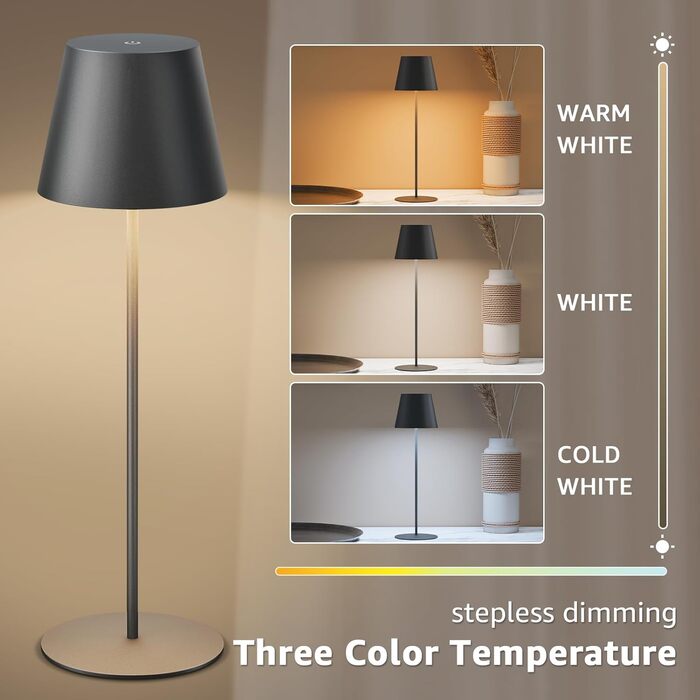 Набір з 2 LED-лампах настільних бездротових, акумуляторні USB-C, диммування, сенсорне керування, для вулиці, для ресторану, кемпінгу, бару, тераси (чорний)