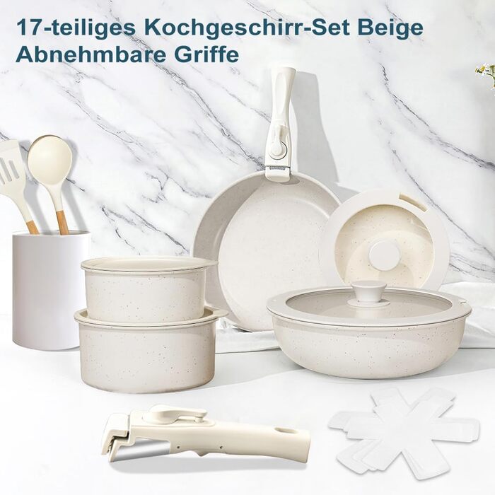 Набір посуду MDHAND 17 частин з гранітною емалевою поверхнею, антипригарне покриття, знімні ручки. Включає сковорідки, каструлі та супові горщики для приготування, смаження та тушкування.