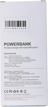 Швидка зарядка 22,5 Вт USB C PD3.0 QC4.0 для смартфонів та планшетів, 20000mAh -