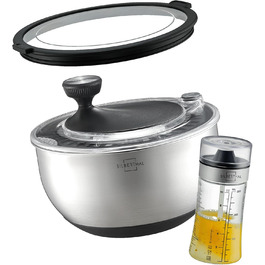 Салатниця-центрифуга SILBERTHAL з нержавіючої сталі 4,5л з антиковзним дном - салатниця з ручним приводом та стоп-кнопкою, BPA-free, придатна для миття в посудомийній машині (подарунковий набір салатниця + шейкер для заправки)