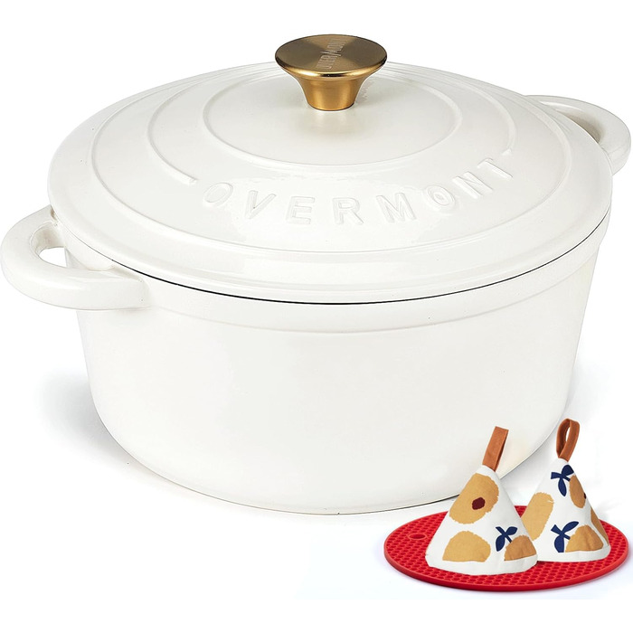 Чавунна каструля-гульяш Overmont з емалевим покриттям, 26 см, 5.2 л, перламутрово-біла, з кришкою та кулінарною книгою, підходить для духовки