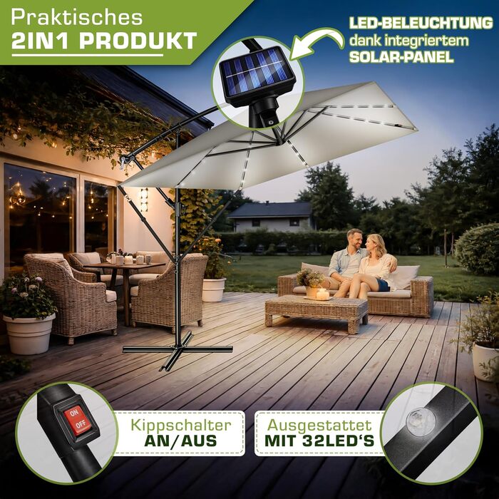 Прямокутна алюмінієва парасолька від сонця tillvex® 330 см з LED-підсвіткою, ручкою та чохлом, боковий стілець-опора, захист від UV та води (Taupe)