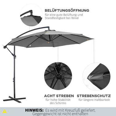 Парасолька Outsunny Parasol Crank зі сталевим каркасом і поліефірною тканиною сірий Ø2,95x2,45 м для саду, патіо, балкона