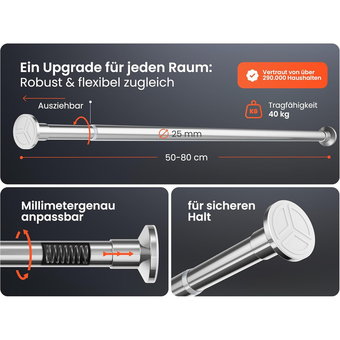Штанга для душу без свердління 160-210 см, срібна, Ø 25 мм, телескопічна, з кріпленнями - для вікна, душу та перегородки