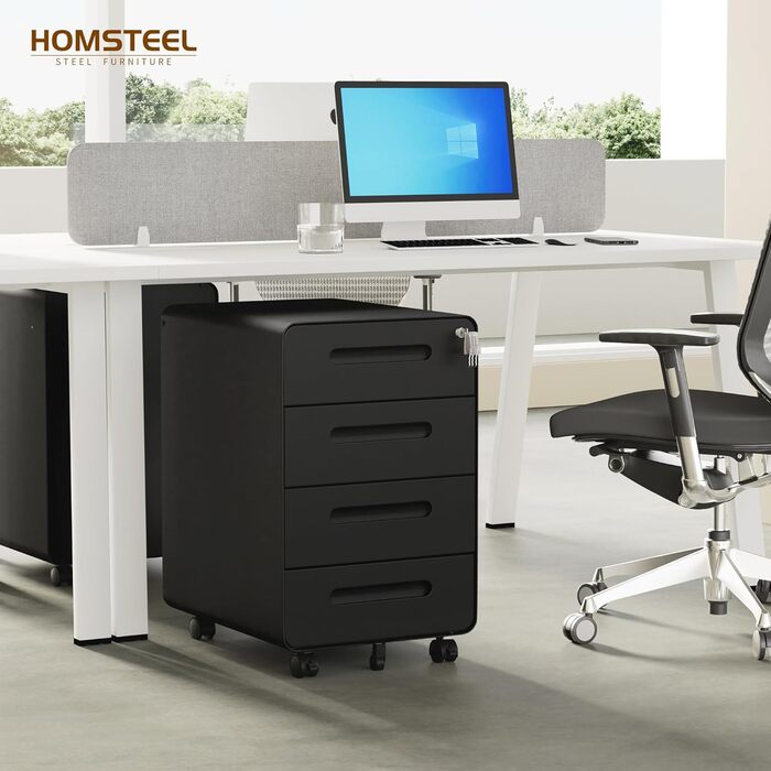 Роликовий контейнер HOMSTEEL з замком, 4 шухляди, металевий офісний шафка, чорний (46T x 40B x 64H cm)