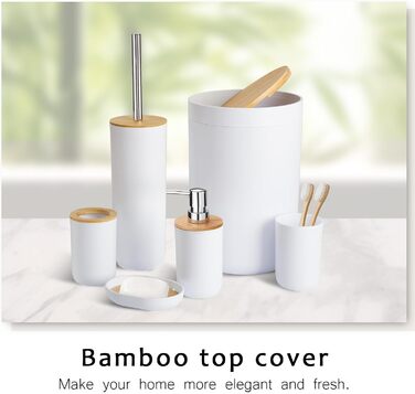 CERBIOR Набір аксесуарів для ванної кімнати з бамбука, 6 предметів: мильниця, тримач для зубних щіток, стакан для ополіскування, дозатор для лосьйону, флакон, сміттєвий бачок, щітка для унітазу, білий