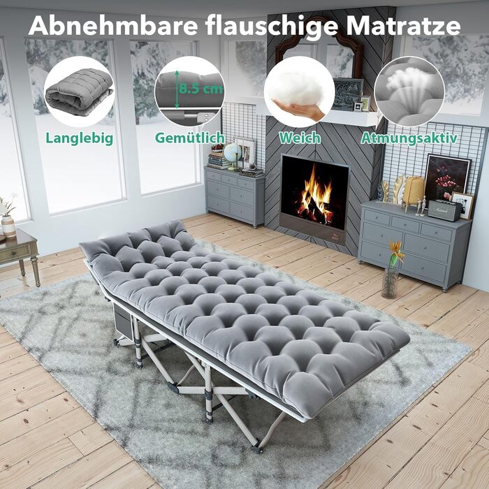 Розкладне ліжко для кемпінгу з матрацом та сумкою-переноскою, посилене (до 208 кг), XL 190x71x35 см, сіре