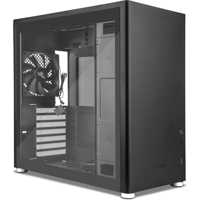 YEYIAN Hussar Plus Full Tower корпус для ПК з прозорою скляною боковиною, сумісний з ATX, Micro ATX, Mini ITX, з вентилятором 120 мм