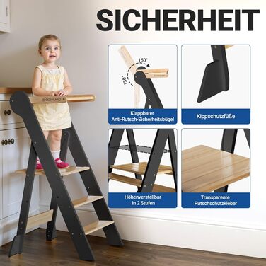 COSYLAND Монтессорі навчальний столик-сходинка для дітей від 1 року, регульована висота, складаний | Навчальний столик-сходинка для кухні | Темно-сірий-натуральний | COSYLAND