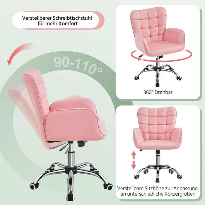 Крісло офісне Yaheetech ергономічне, з регулюванням висоти, з підлокітниками, на роликах, до 136 кг, біле (рожеве)