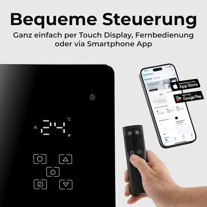 Konvektor KLAMER Pro 2500W з Wi-Fi, керуванням через додаток та таймером, ECO-режим, захист від замерзання, LED-дисплей, захист від перегріву, для дому та спальні, настінний/підлоговий, білий/чорний