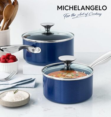 Набір каструль Michelangelo з керамічним антипригарним покриттям, 1,5 л, 2 л, 3 л, з кришкою, блакитний (1,2 л)