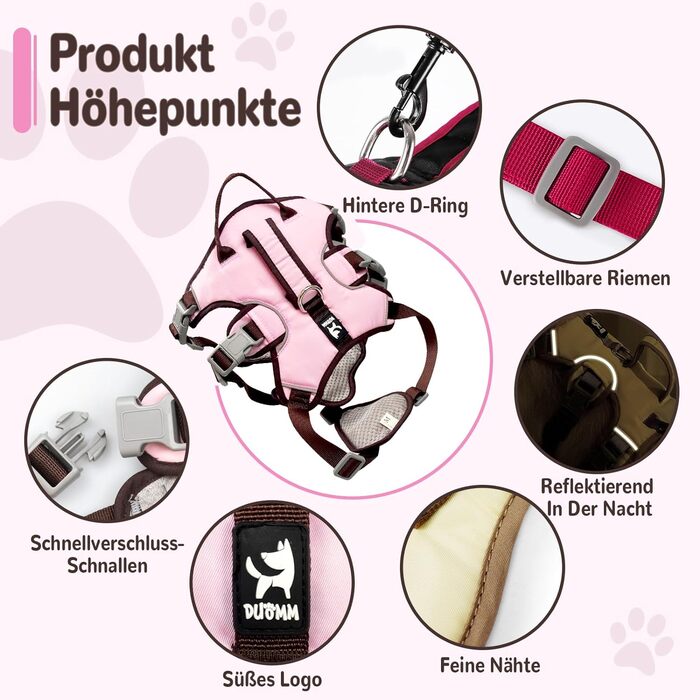Багатофункціональна шлейка для собак з повідцем, шлейка для собак, що не тягнеться, шлейка безпеки для собак, шлейка для собак, що не тягнеться (Roa, L, рожевий)