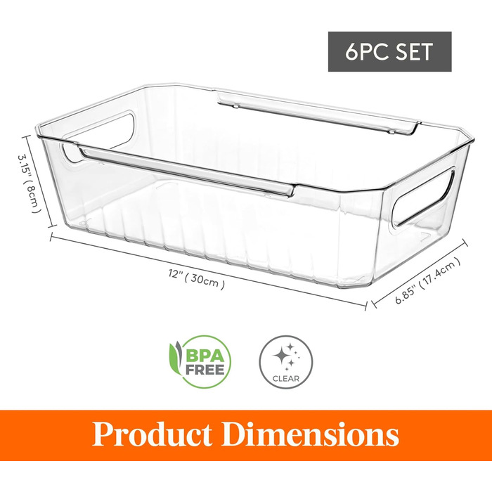 Набір з 6 прозорих органайзерів для холодильника, безпечний для харчових продуктів, без бісфенолу А для кухні, комори, ванної кімнати