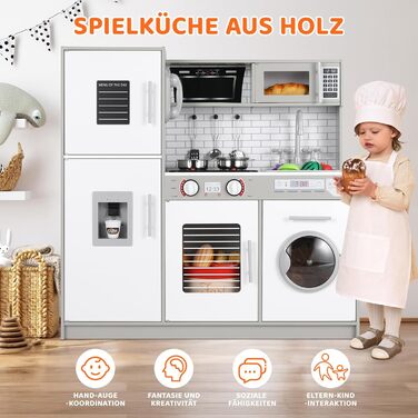 Дерев'яна дитяча кухня MAMIZO з підсвіткою та звуком, 82x80x25 см. Комплектація: аксесуари. Підходить для дітей від 3 років. Білий (сіро-білий) колір.