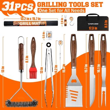 Набір гриля PURPLEBIRD 31 предмет: преміум аксесуари для барбекю з нержавіючої сталі для чоловіків та жінок з сумкою, килимком для гриля, для саду, кемпінгу та на день народження