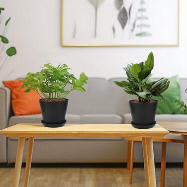 KINGLAKE Набір горщиків для квітів 8 шт. 17 см, пластикові горщики для рослин, кактусів, сукулентів з підставкою (Чорний, 14 см)