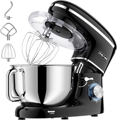 Кухонна машина Cheflee 2000W з чашею 6.2L з нержавіючої сталі, 6 швидкостей, низький шум, міксер, гак для тіста, захист від бризок, чорна