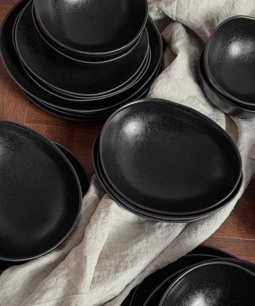 Набір посуду ручної роботи з 16 предметів 4 особи Елегантний набір тарілок з високоякісної кераміки 4 шт. обідні тарілки, 4 шт. десертні тарілки, 4 шт. супові тарілки, 4 шт. зернові тарілки, миски з макаронами Чорний набір із 16 предметів чорний, 7 O'CLOC