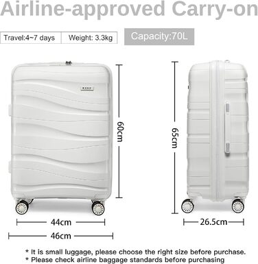 KONO Чемодан середнього розміру 65 см з поліпропілену з TSA замком, 65x46x26.5 см (Крем-білий)