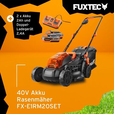 Акумуляторний газонокосарка FUXTEC 40V E1RM20 з 2x20V Li-Ion акумуляторами 2Ah та подвійним зарядним пристроєм – ширина зрізу 33 см, регульована висота зрізу