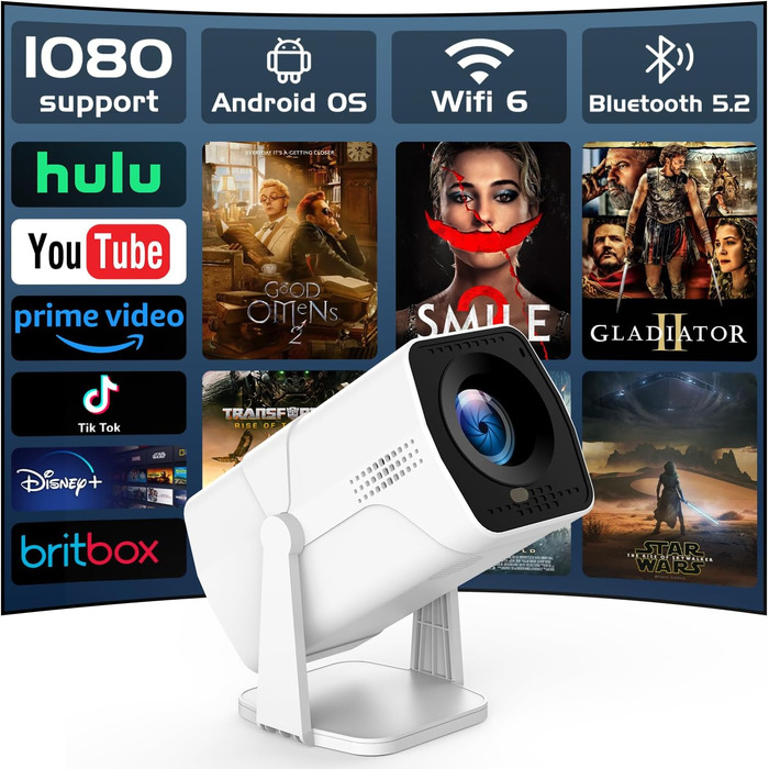 Портативний проєктор Mini Beamer з Android TV, автотрапецеїдна корекція, підтримка 4K 1080P, Bluetooth WiFi6, 160ANSI. Підходить для телефону, TV Stick, ноутбука, кінотеатру вдома та на вулиці.